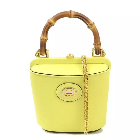 Auth GUCCI Bamboo Handbag Shoulder Bag Yellow Leather - Picture 1 of 16